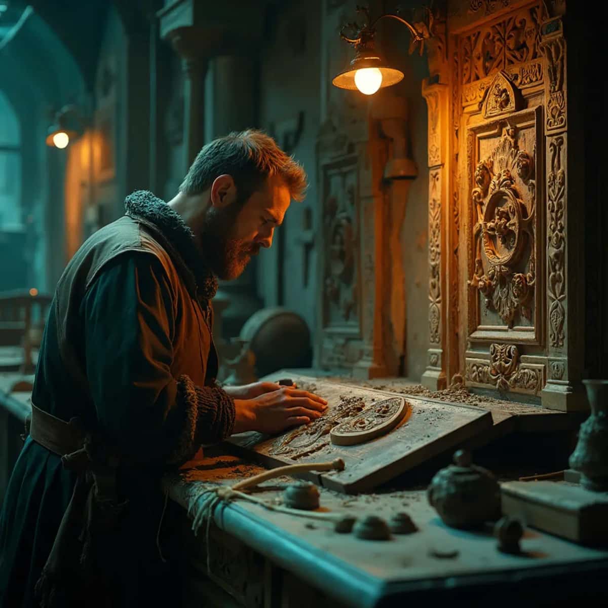 WOODCARVING LESSONS: Woodcarver Grabovetskiy, a man with a beard, holds a sign that says "What wood is the best for carving?" He looks thoughtful. Carving tools are on the table in front of him. - Wood Carving tutorials