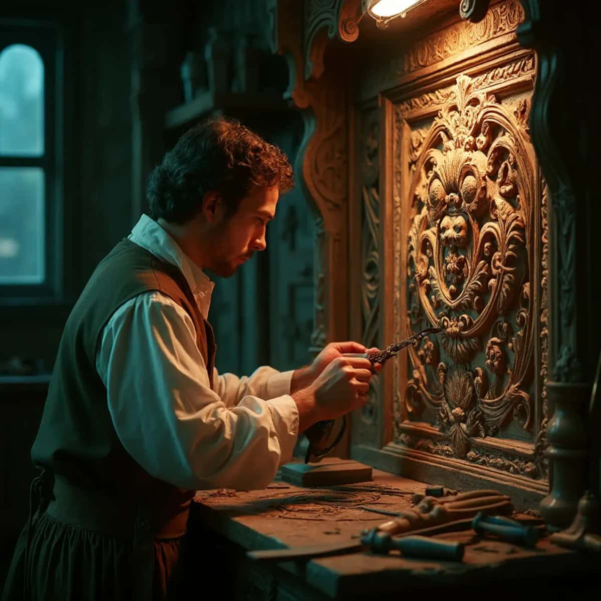 WOODCARVING LESSONS: Woodcarver Grabovetskiy, a man with a beard