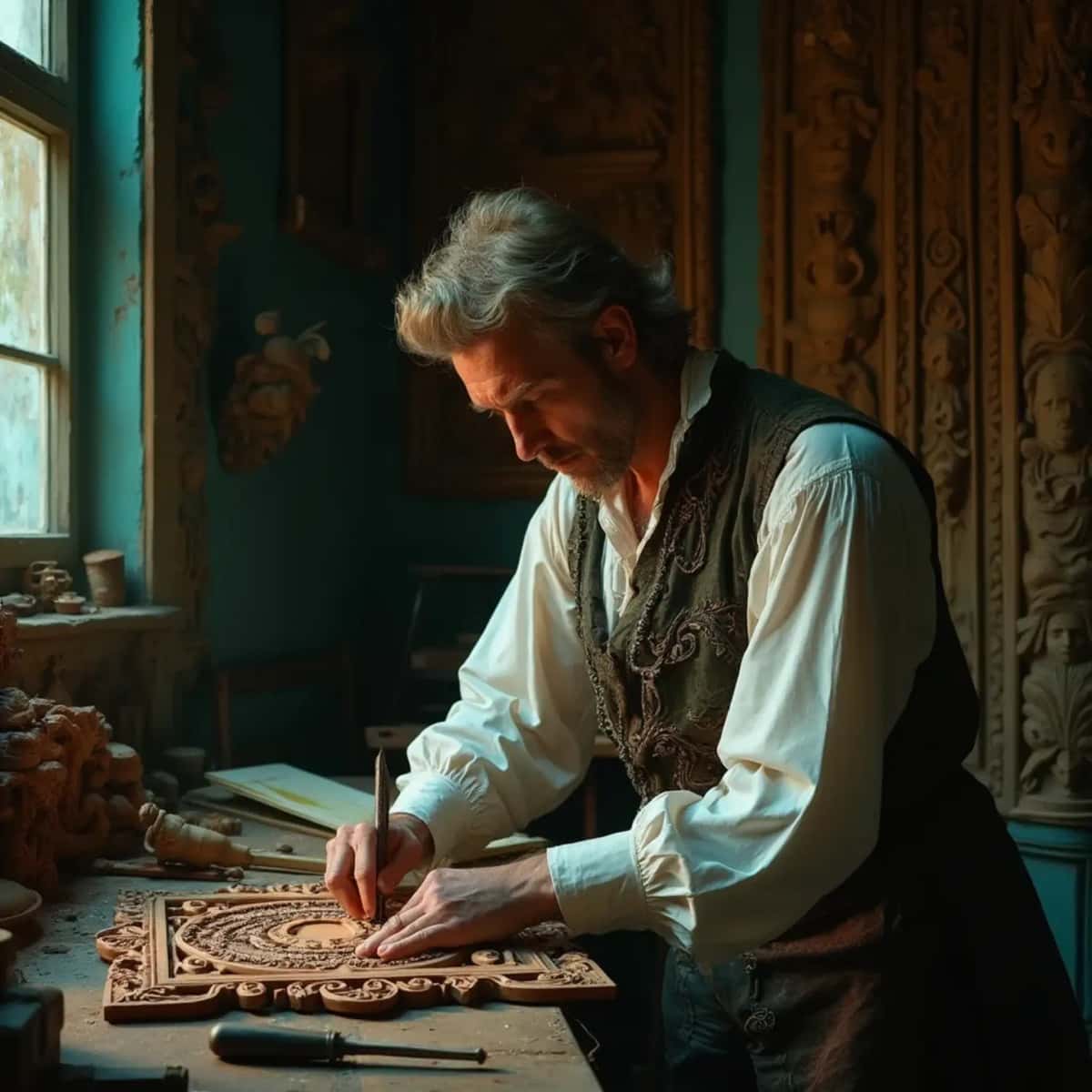 WOODCARVING LESSONS: Woodcarver Grabovetskiy, a man with a beard, holds a sign that says "What wood is the best for carving?" He looks thoughtful. Carving tools are on the table in front of him. - Wood Carving tutorials
