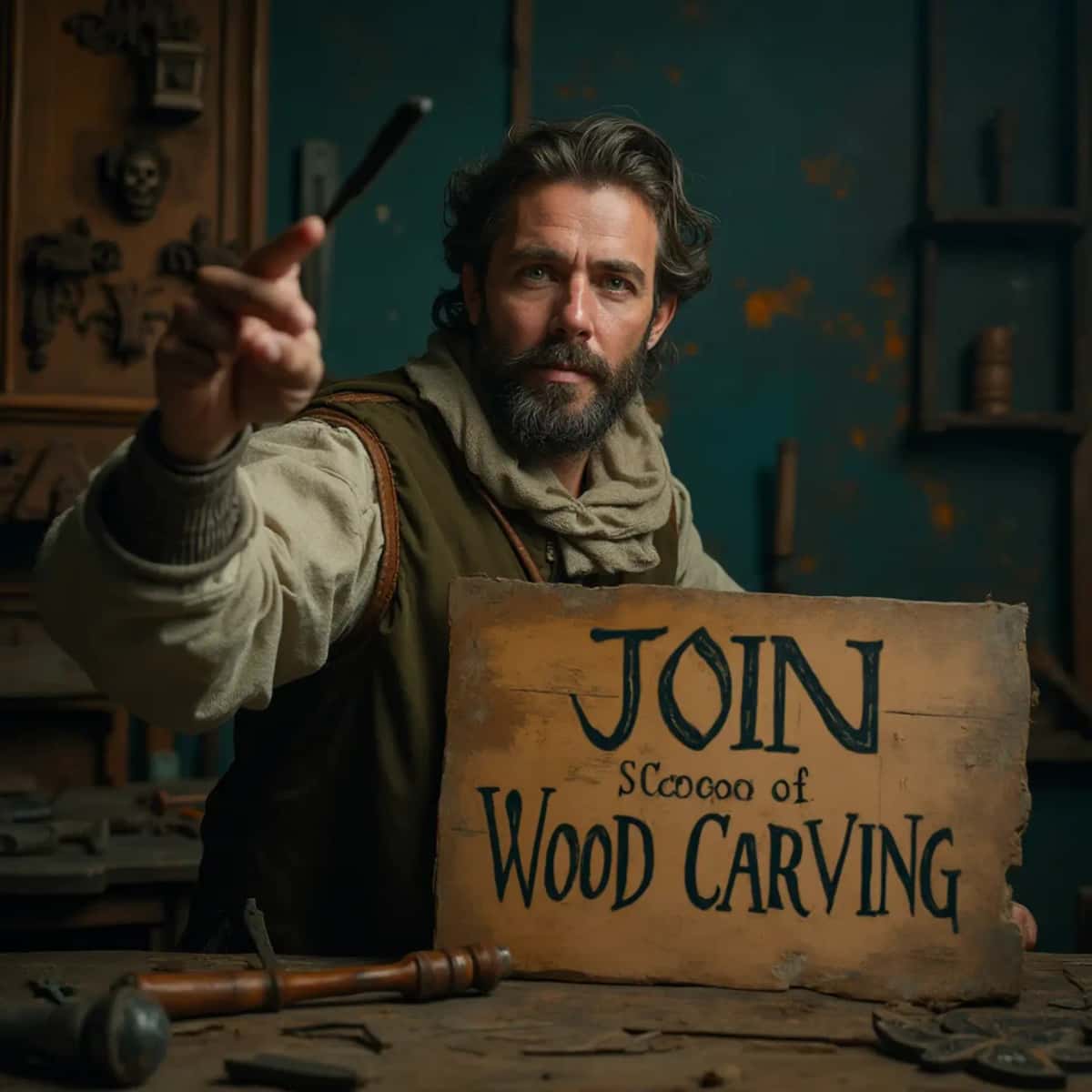 WOODCARVING LESSONS: Woodcarver Grabovetskiy, an elderly man with a gray beard, holds a carving tool and a sign that asks, "What is the best wood for carving? - Wood Carving tutorials