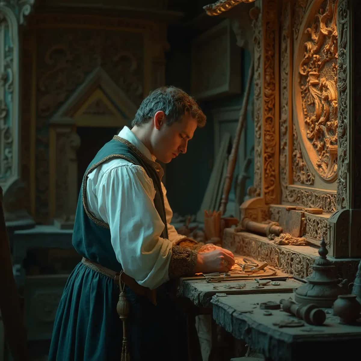 WOODCARVING LESSONS: Woodcarver Grabovetskiy, a man with a beard, holds a sign that says "What wood is the best for carving?" He looks thoughtful. Carving tools are on the table in front of him. - Wood Carving tutorials