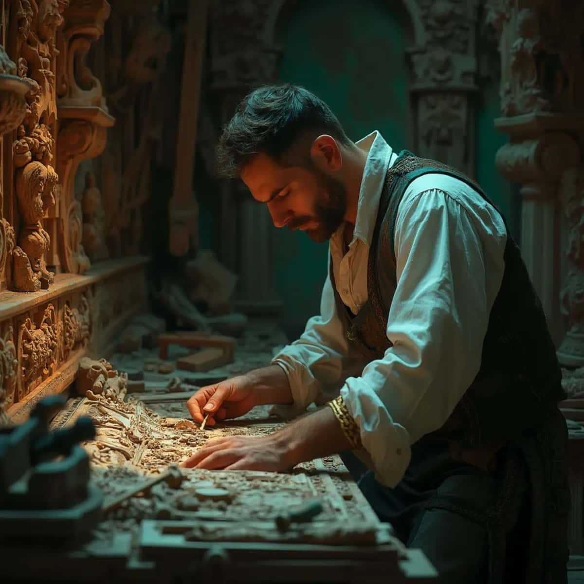 WOODCARVING LESSONS: Woodcarver Grabovetskiy, a man with a beard