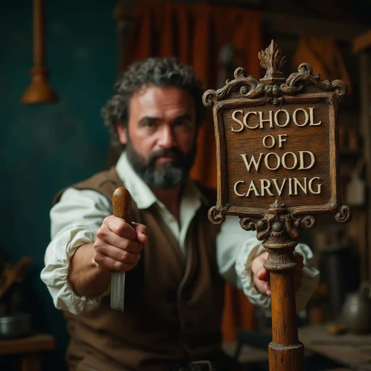 WOODCARVING LESSONS: Woodcarver Grabovetskiy, an elderly man with a gray beard, holds a carving tool and a sign that asks, "What is the best wood for carving? - Wood Carving tutorials