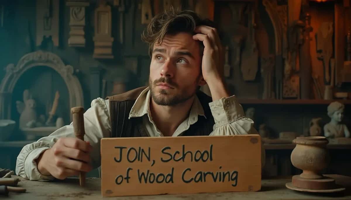 WOODCARVING LESSONS: Woodcarver Grabovetskiy, an elderly man with a gray beard, holds a carving tool and a sign that asks, "What is the best wood for carving? - Wood Carving tutorials