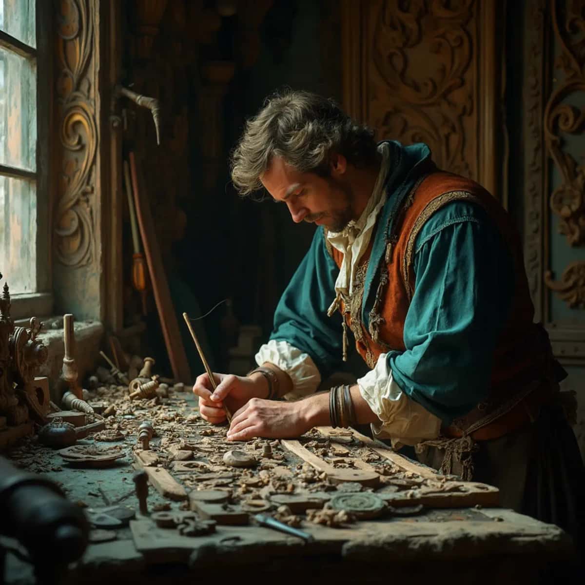 WOODCARVING LESSONS: Woodcarver Grabovetskiy, a man with a beard, holds a sign that says "What wood is the best for carving?" He looks thoughtful. Carving tools are on the table in front of him. - Wood Carving tutorials