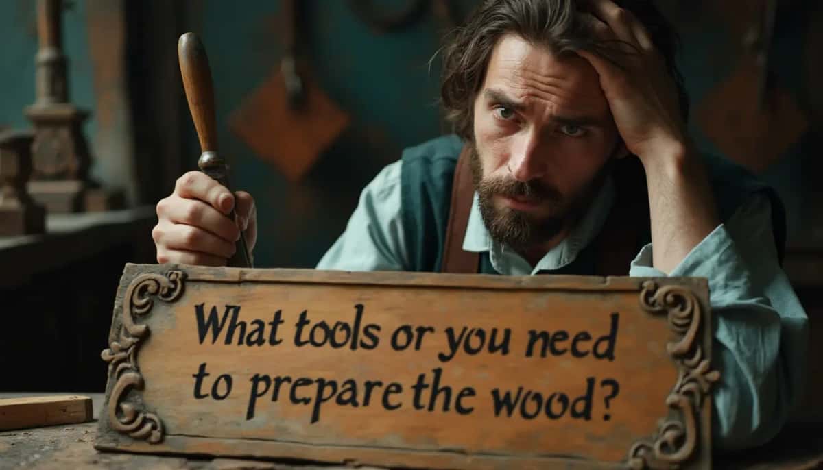 WOODCARVING LESSONS: Woodcarver Grabovetskiy, a man with a beard, holds a sign that says "What wood is the best for carving?" He looks thoughtful. Carving tools are on the table in front of him. - Wood Carving tutorials