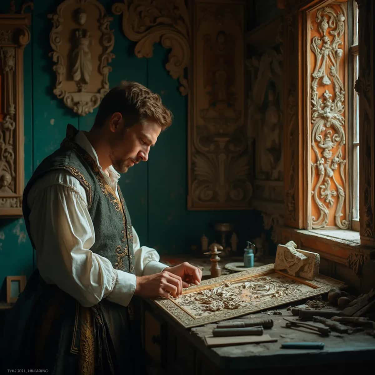 WOODCARVING LESSONS: Woodcarver Grabovetskiy, a man with a beard, holds a sign that says "What wood is the best for carving?" He looks thoughtful. Carving tools are on the table in front of him. - Wood Carving tutorials