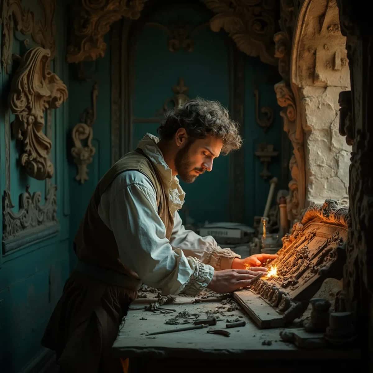 WOODCARVING LESSONS: Woodcarver Grabovetskiy, a man with a beard, holds a sign that says "What wood is the best for carving?" He looks thoughtful. Carving tools are on the table in front of him. - Wood Carving tutorials