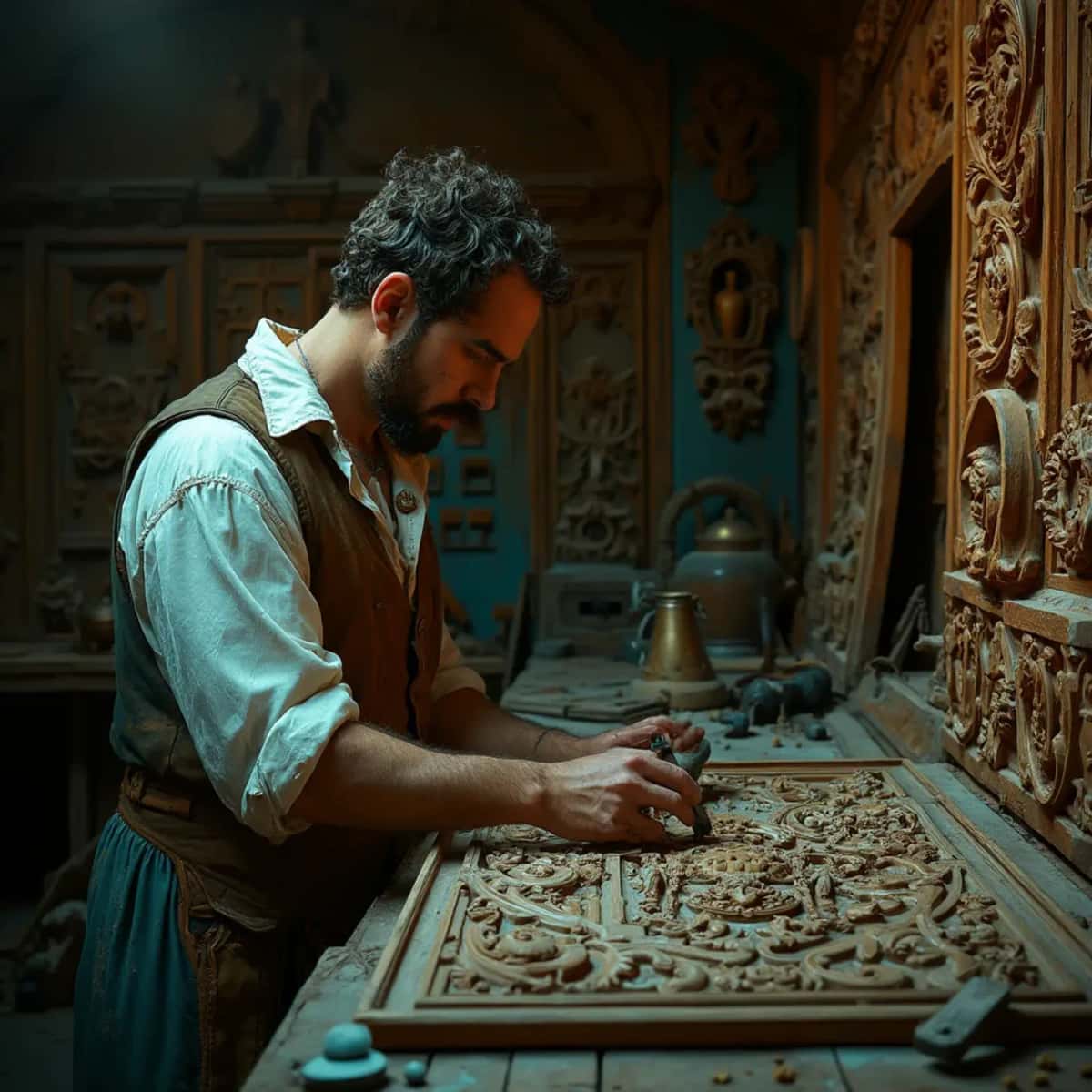 WOODCARVING LESSONS: Woodcarver Grabovetskiy, a man with a beard, holds a sign that says "What wood is the best for carving?" He looks thoughtful. Carving tools are on the table in front of him. - Wood Carving tutorials