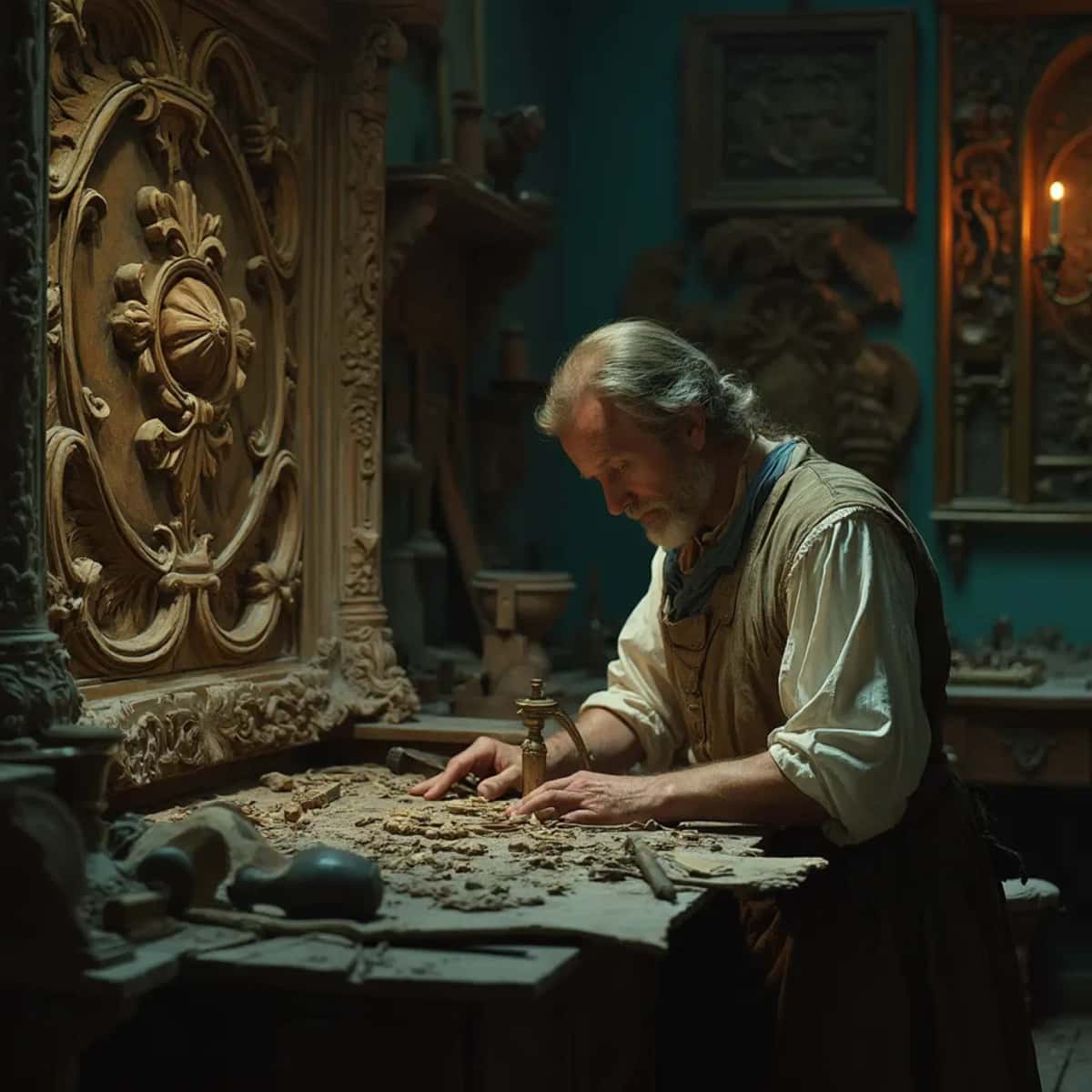 WOODCARVING LESSONS: Woodcarver Grabovetskiy, a man with a beard, holds a sign that says "What wood is the best for carving?" He looks thoughtful. Carving tools are on the table in front of him. - Wood Carving tutorials
