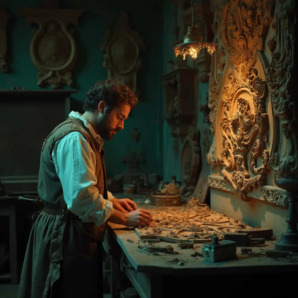 WOODCARVING LESSONS: Woodcarver Grabovetskiy, a man with a beard, holds a sign that says "What wood is the best for carving?" He looks thoughtful. Carving tools are on the table in front of him. - Wood Carving tutorials