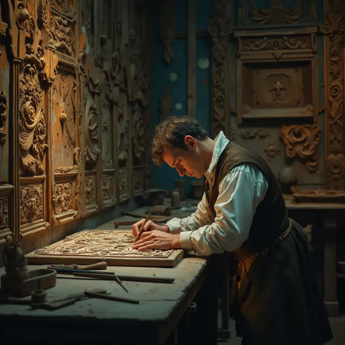 WOODCARVING LESSONS: Woodcarver Grabovetskiy, a man with a beard, holds a sign that says "What wood is the best for carving?" He looks thoughtful. Carving tools are on the table in front of him. - Wood Carving tutorials