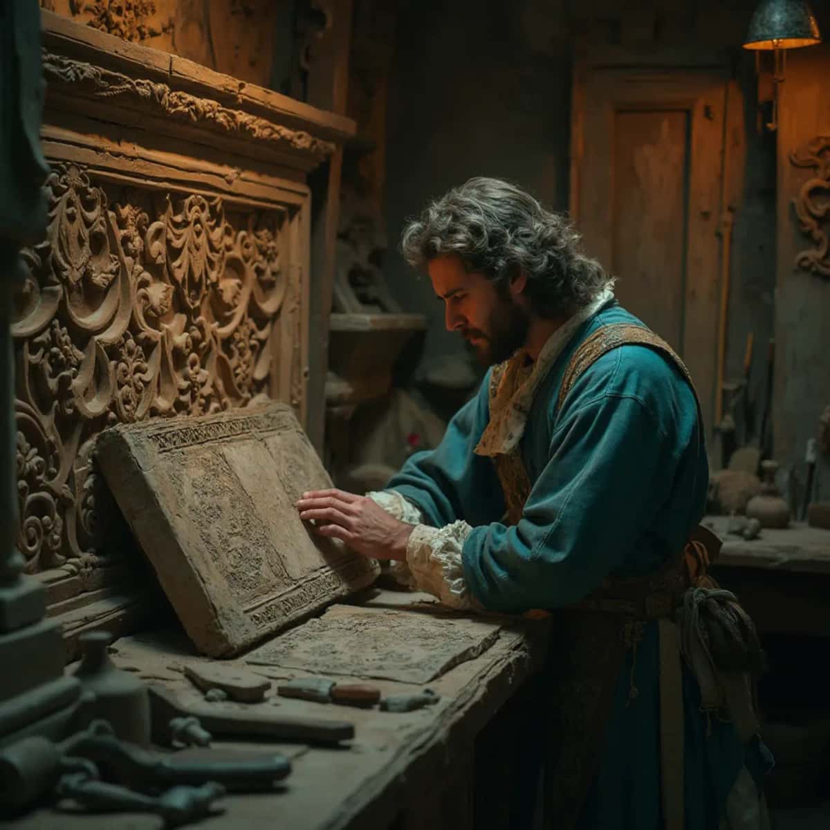 WOODCARVING LESSONS: Woodcarver Grabovetskiy, a man with a beard, holds a sign that says "What wood is the best for carving?" He looks thoughtful. Carving tools are on the table in front of him. - Wood Carving tutorials