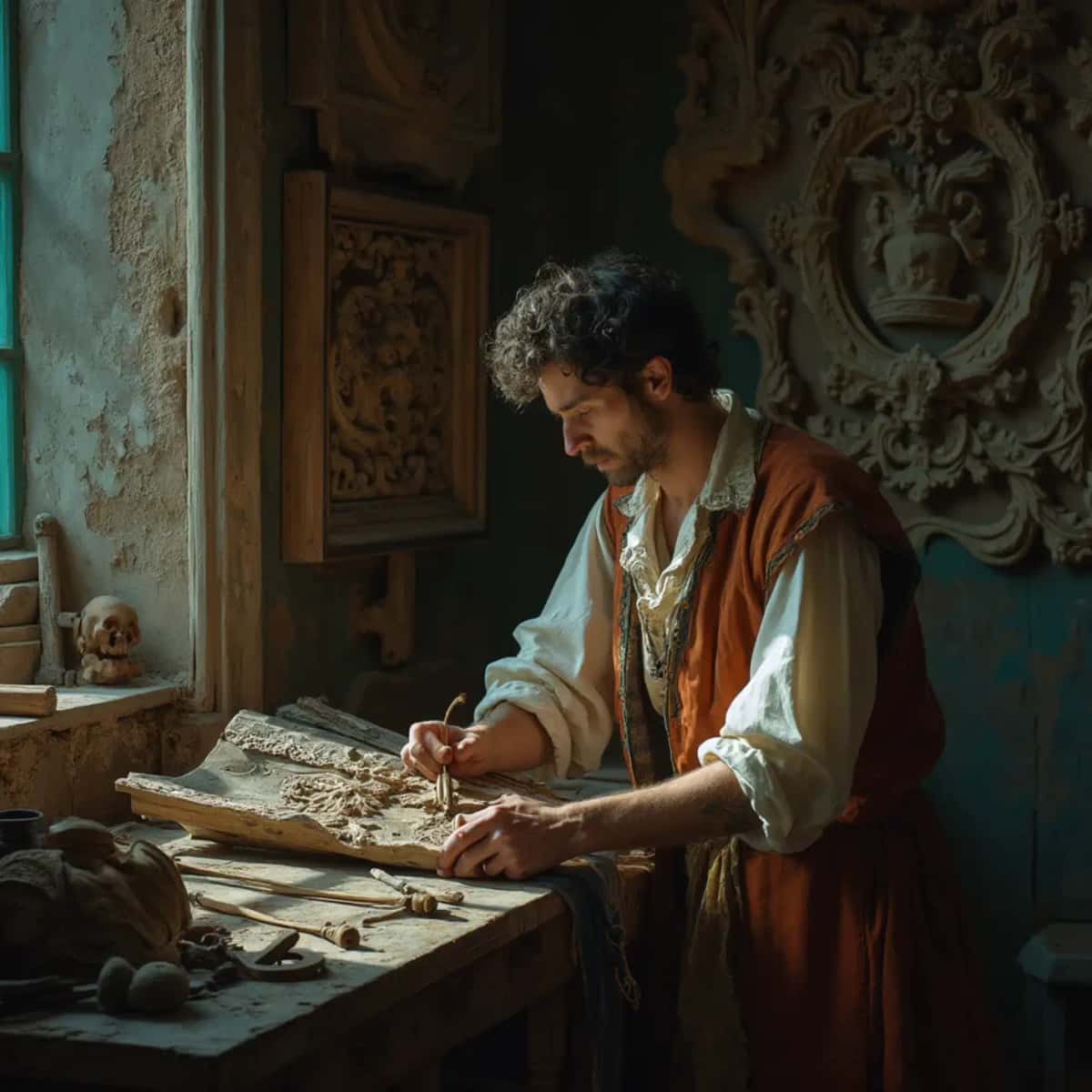WOODCARVING LESSONS: Woodcarver Grabovetskiy, a man with a beard, holds a sign that says "What wood is the best for carving?" He looks thoughtful. Carving tools are on the table in front of him. - Wood Carving tutorials