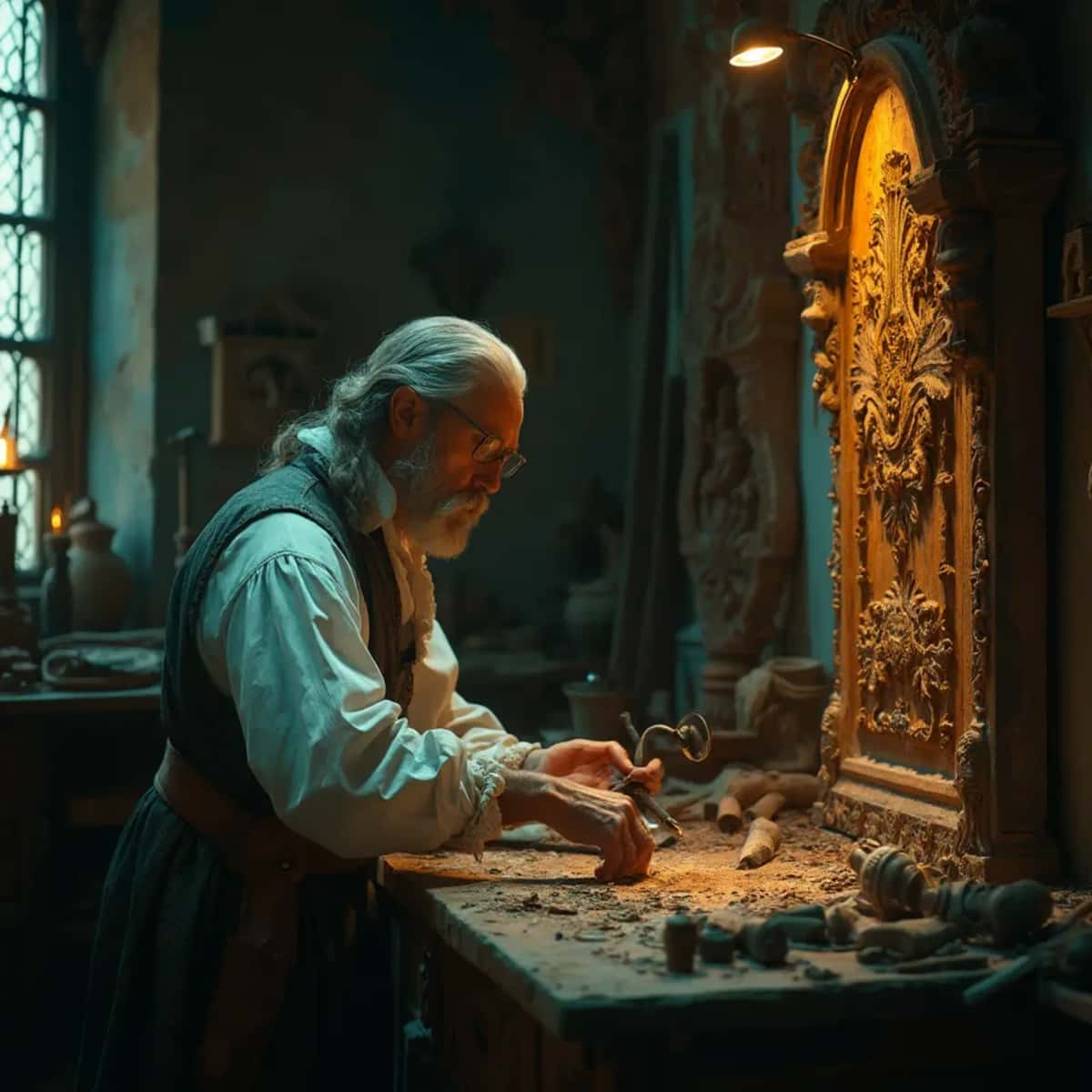 WOODCARVING LESSONS: Woodcarver Grabovetskiy, a man with a beard, holds a sign that says "What wood is the best for carving?" He looks thoughtful. Carving tools are on the table in front of him. - Wood Carving tutorials