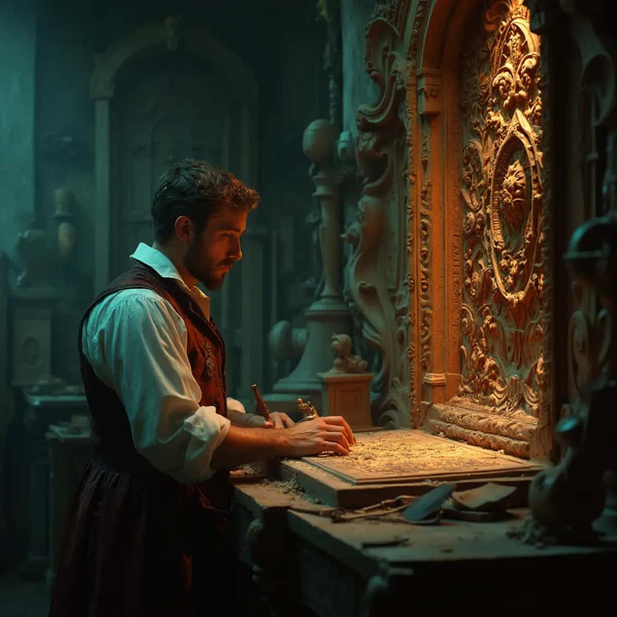 WOODCARVING LESSONS: Woodcarver Grabovetskiy, a man with a beard, holds a sign that says "What wood is the best for carving?" He looks thoughtful. Carving tools are on the table in front of him. - Wood Carving tutorials