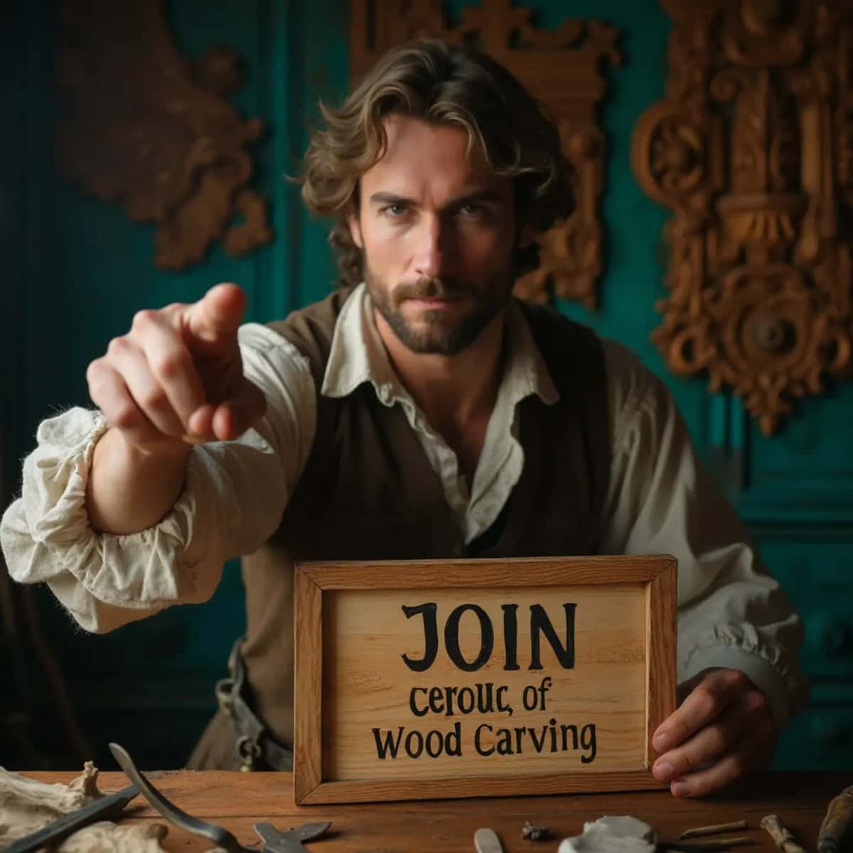 WOODCARVING LESSONS: Woodcarver Grabovetskiy, an elderly man with a gray beard, holds a carving tool and a sign that asks, "What is the best wood for carving? - Wood Carving tutorials