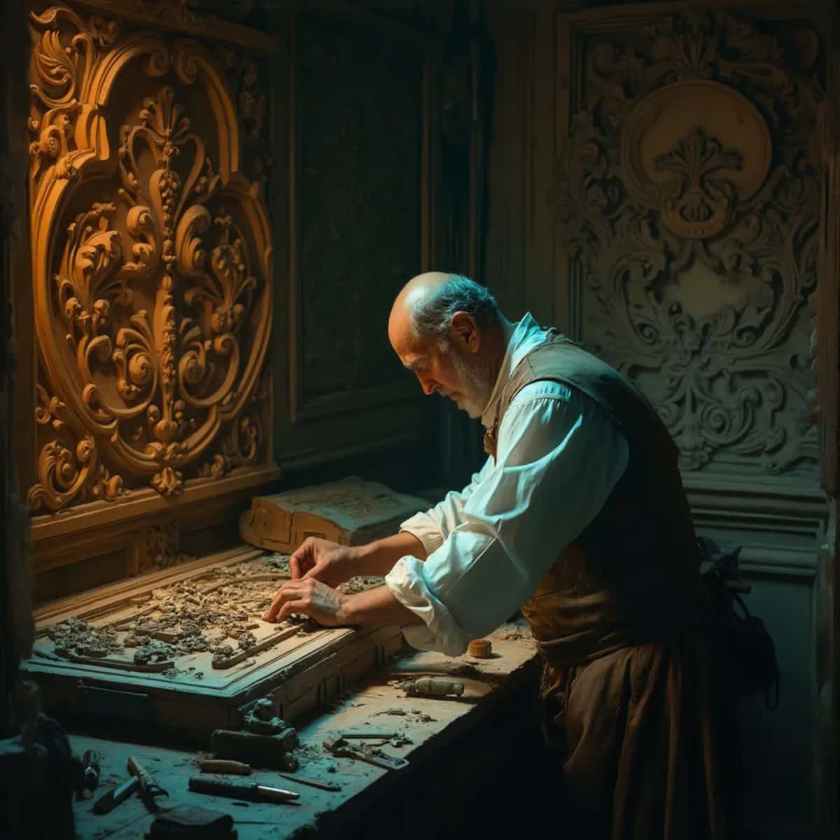 WOODCARVING LESSONS: Woodcarver Grabovetskiy, a man with a beard, holds a sign that says "What wood is the best for carving?" He looks thoughtful. Carving tools are on the table in front of him. - Wood Carving tutorials