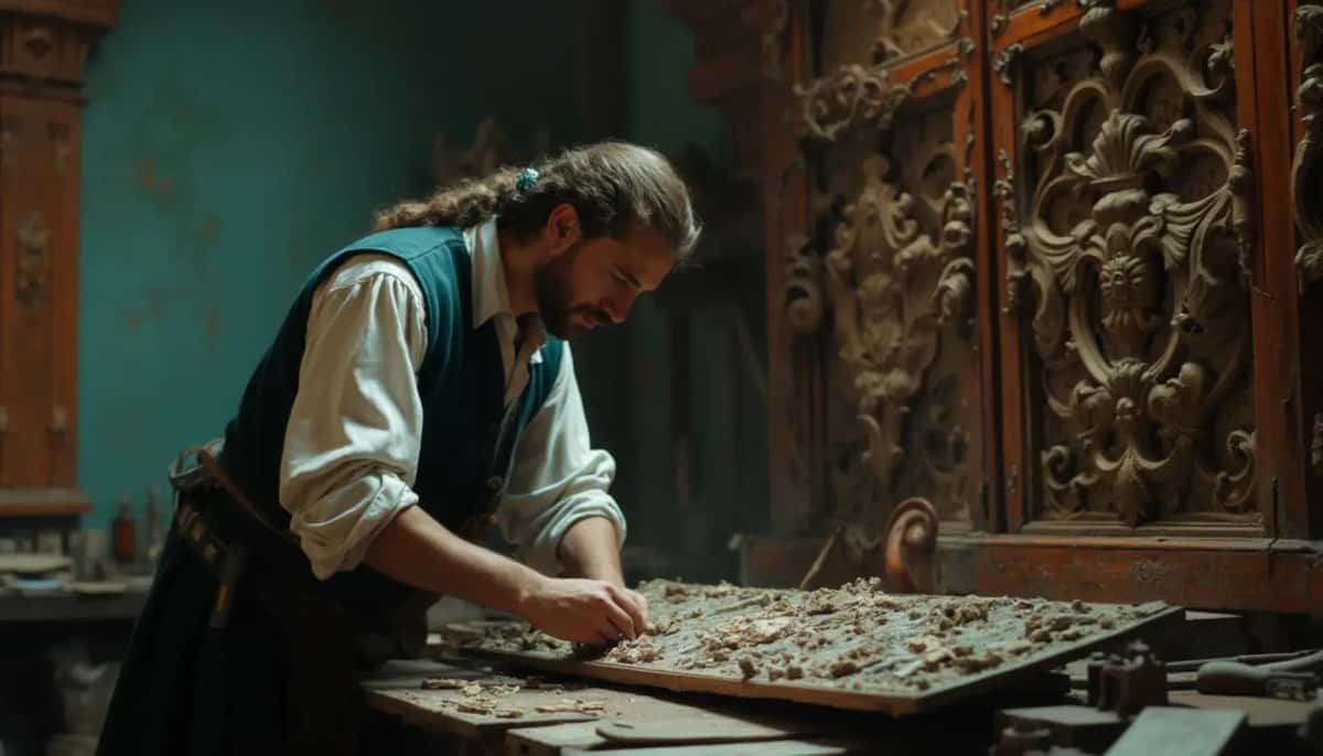 WOODCARVING LESSONS: Woodcarver Grabovetskiy, a man with a beard, holds a sign that says "What wood is the best for carving?" He looks thoughtful. Carving tools are on the table in front of him. - Wood Carving tutorials