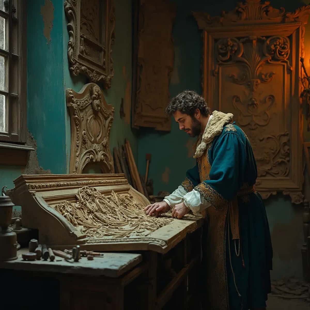 WOODCARVING LESSONS: Woodcarver Grabovetskiy, a man with a beard, holds a sign that says "What wood is the best for carving?" He looks thoughtful. Carving tools are on the table in front of him. - Wood Carving tutorials