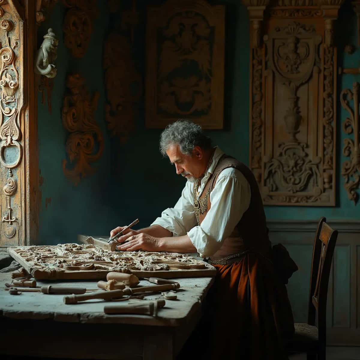 WOODCARVING LESSONS: Woodcarver Grabovetskiy, a man with a beard, holds a sign that says "What wood is the best for carving?" He looks thoughtful. Carving tools are on the table in front of him. - Wood Carving tutorials