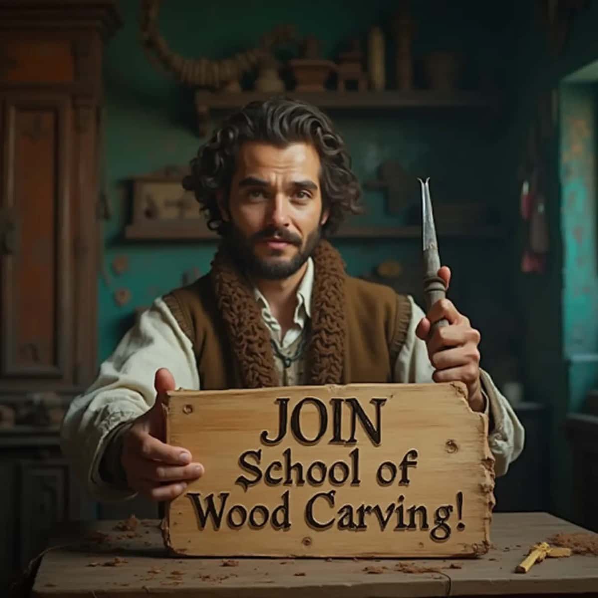 WOODCARVING LESSONS: Woodcarver Grabovetskiy, an elderly man with a gray beard, holds a carving tool and a sign that asks, "What is the best wood for carving? - Wood Carving tutorials