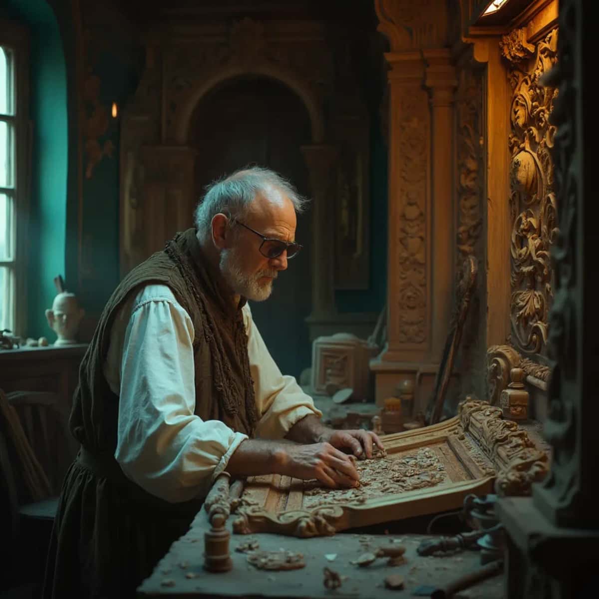 WOODCARVING LESSONS: Woodcarver Grabovetskiy, a man with a beard, holds a sign that says "What wood is the best for carving?" He looks thoughtful. Carving tools are on the table in front of him. - Wood Carving tutorials