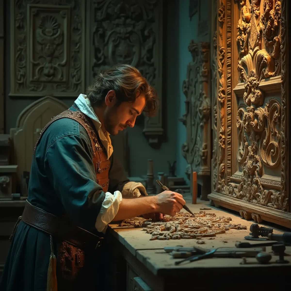 WOODCARVING LESSONS: Woodcarver Grabovetskiy, a man with a beard, holds a sign that says "What wood is the best for carving?" He looks thoughtful. Carving tools are on the table in front of him. - Wood Carving tutorials