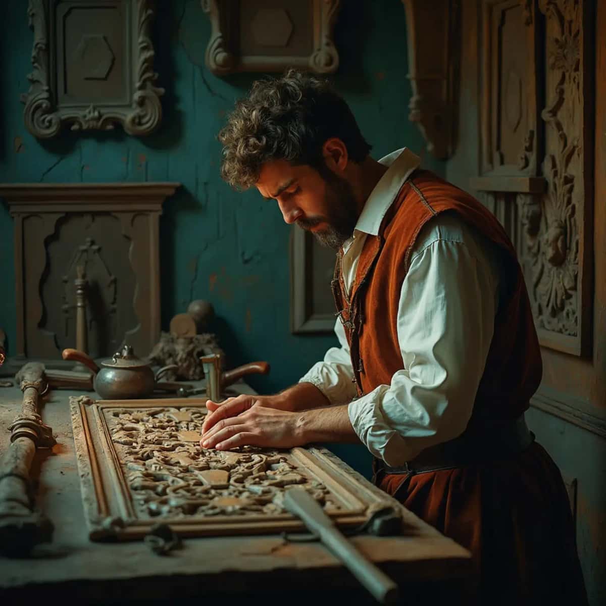 WOODCARVING LESSONS: Woodcarver Grabovetskiy, a man with a beard, holds a sign that says "What wood is the best for carving?" He looks thoughtful. Carving tools are on the table in front of him. - Wood Carving tutorials