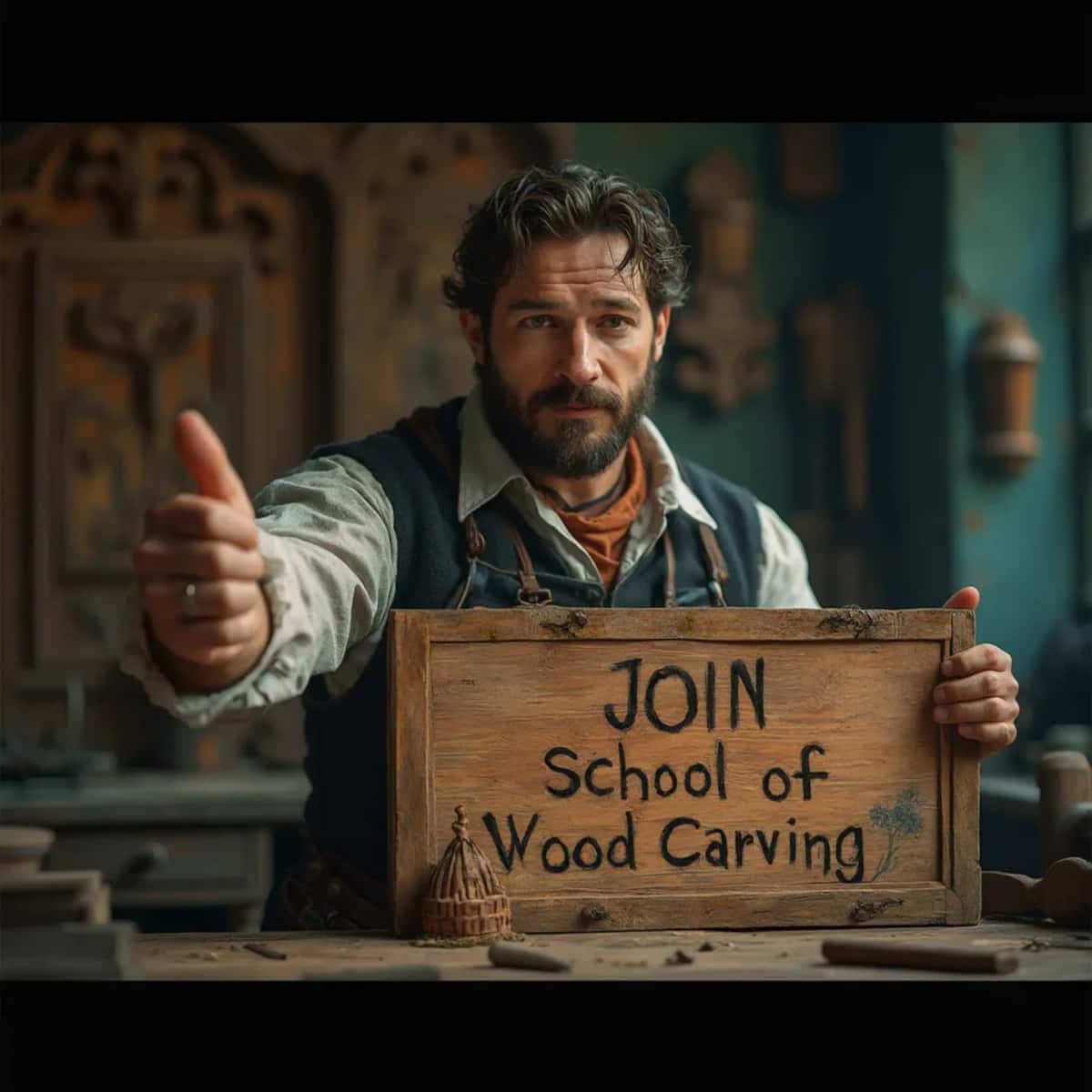 WOODCARVING LESSONS: Woodcarver Grabovetskiy, an elderly man with a gray beard, holds a carving tool and a sign that asks, "What is the best wood for carving? - Wood Carving tutorials