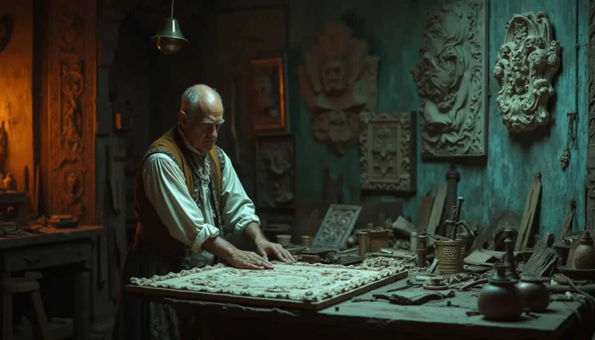WOODCARVING LESSONS: Woodcarver Grabovetskiy, a man with a beard, holds a sign that says "What wood is the best for carving?" He looks thoughtful. Carving tools are on the table in front of him. - Wood Carving tutorials
