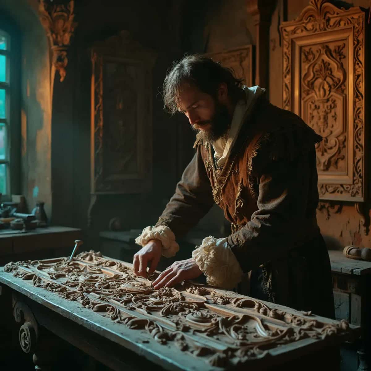 WOODCARVING LESSONS: Woodcarver Grabovetskiy, a man with a beard, holds a sign that says "What wood is the best for carving?" He looks thoughtful. Carving tools are on the table in front of him. - Wood Carving tutorials