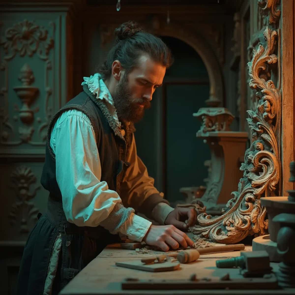 WOODCARVING LESSONS: Woodcarver Grabovetskiy, a man with a beard, holds a sign that says "What wood is the best for carving?" He looks thoughtful. Carving tools are on the table in front of him. - Wood Carving tutorials