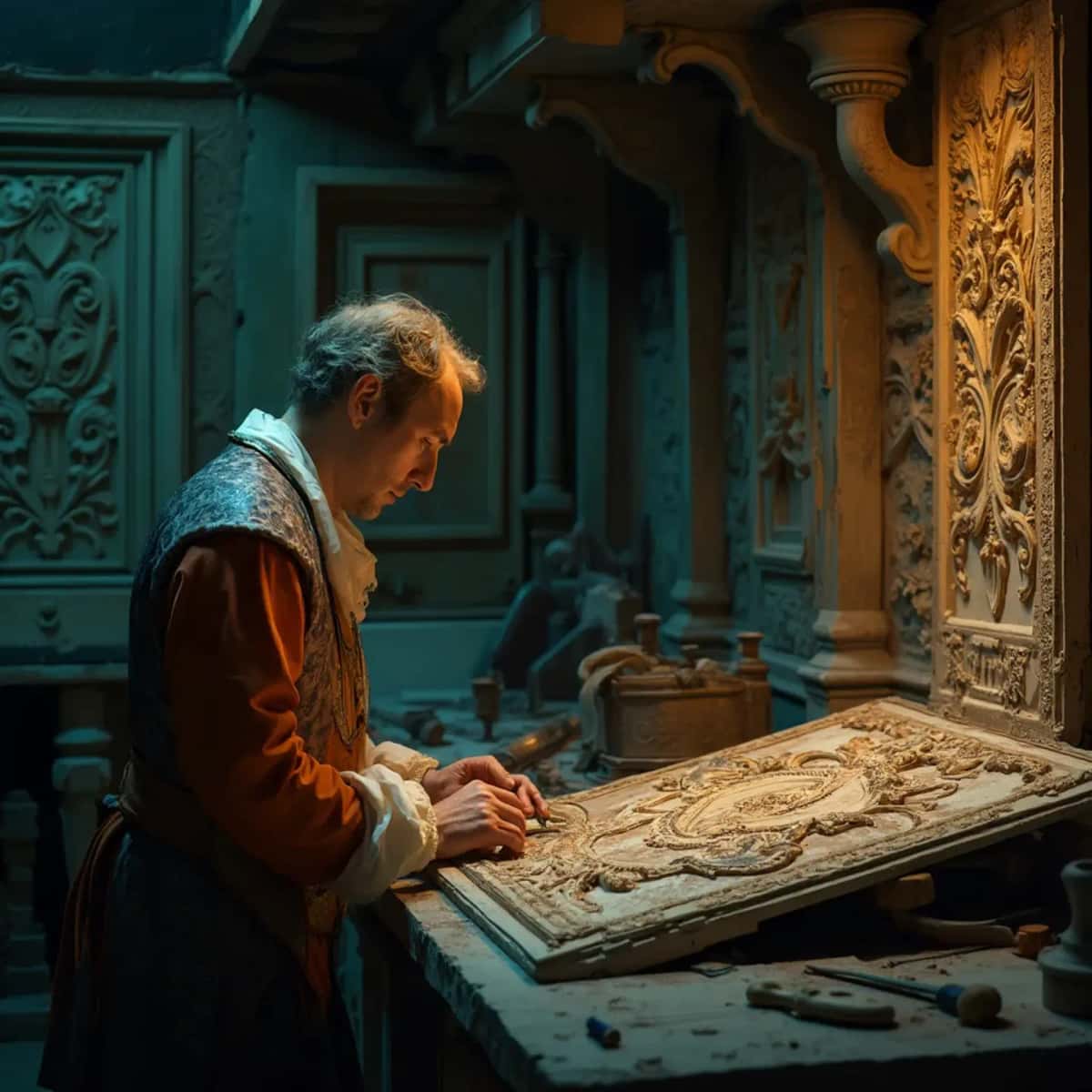 WOODCARVING LESSONS: Woodcarver Grabovetskiy, a man with a beard, holds a sign that says "What wood is the best for carving?" He looks thoughtful. Carving tools are on the table in front of him. - Wood Carving tutorials