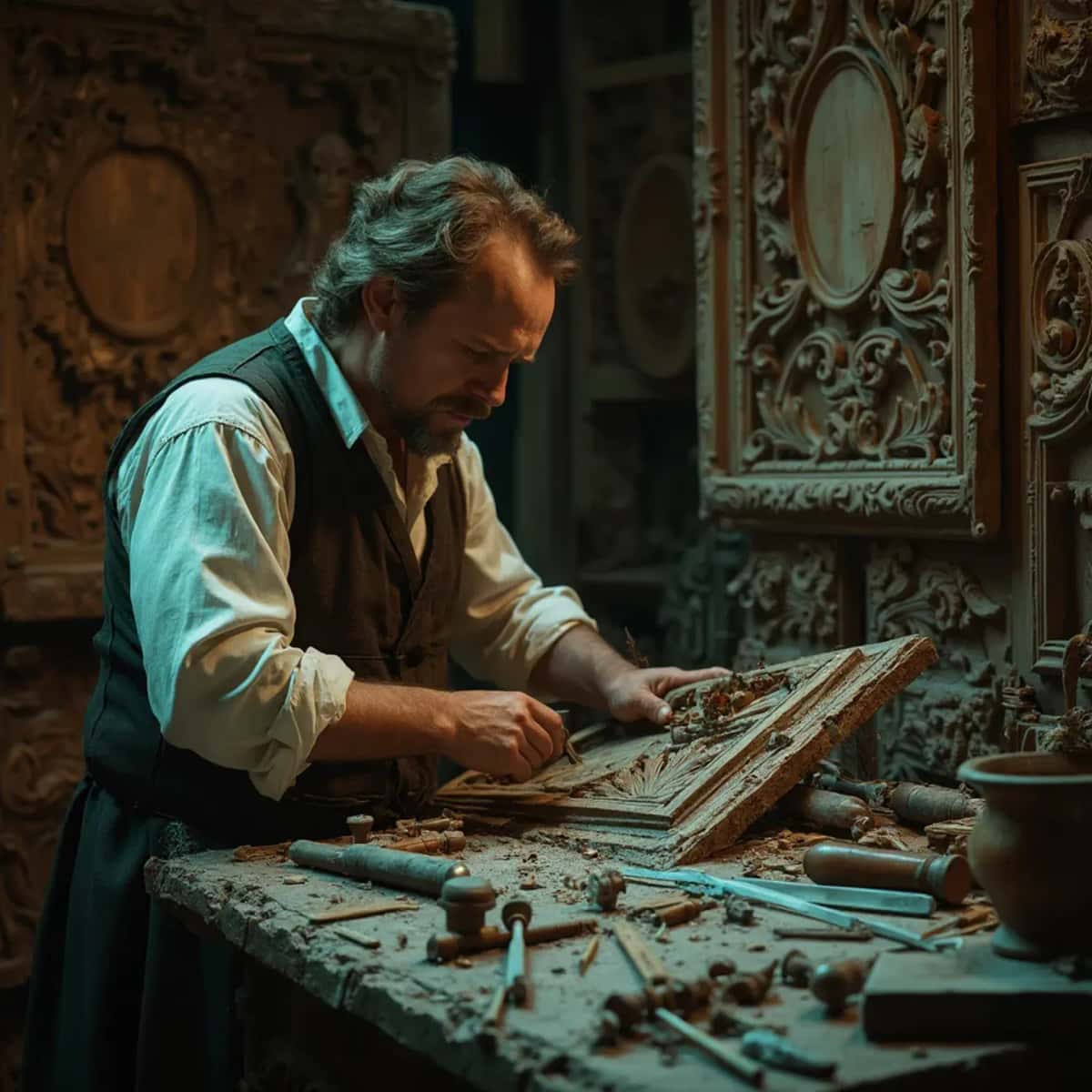 WOODCARVING LESSONS: Woodcarver Grabovetskiy, a man with a beard