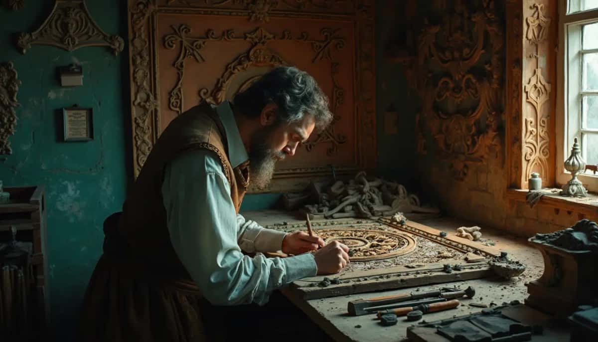 WOODCARVING LESSONS: Woodcarver Grabovetskiy, a man with a beard, holds a sign that says "What wood is the best for carving?" He looks thoughtful. Carving tools are on the table in front of him. - Wood Carving tutorials