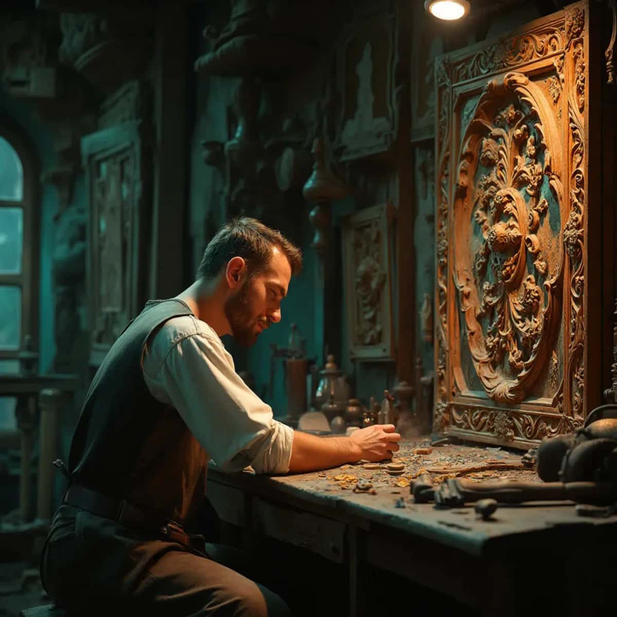 WOODCARVING LESSONS: Woodcarver Grabovetskiy, a man with a beard