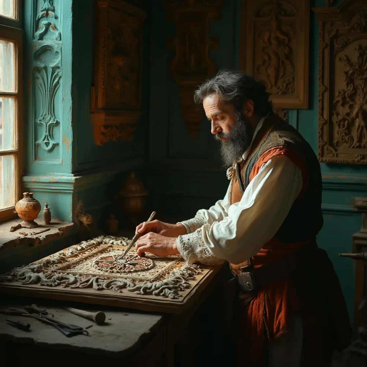 WOODCARVING LESSONS: Woodcarver Grabovetskiy, a man with a beard
