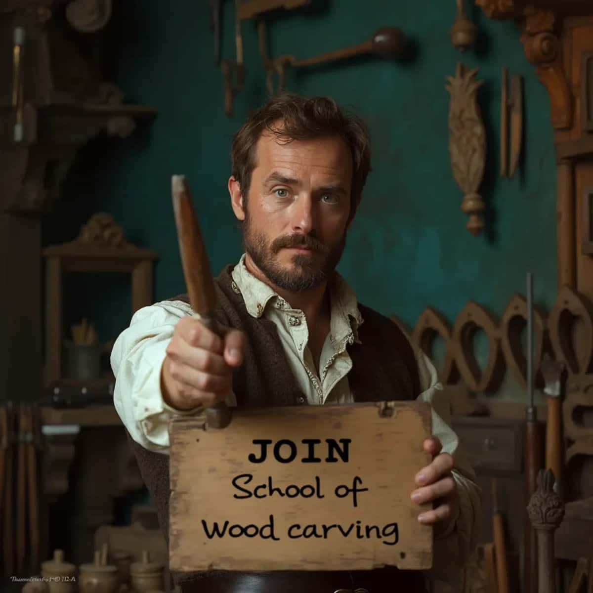 WOODCARVING LESSONS: Woodcarver Grabovetskiy, an elderly man with a gray beard, holds a carving tool and a sign that asks, "What is the best wood for carving? - Wood Carving tutorials
