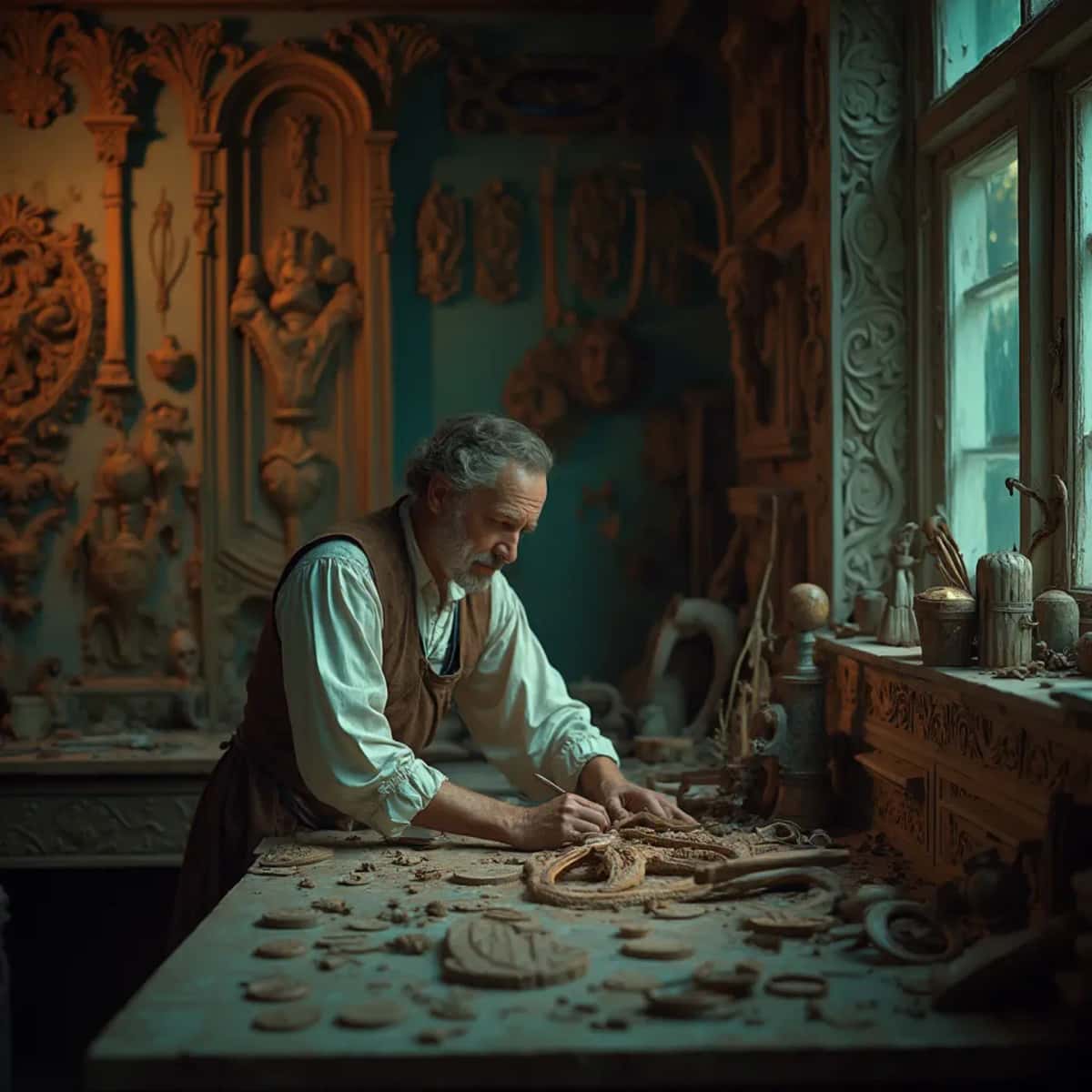 WOODCARVING LESSONS: Woodcarver Grabovetskiy, a man with a beard, holds a sign that says "What wood is the best for carving?" He looks thoughtful. Carving tools are on the table in front of him. - Wood Carving tutorials