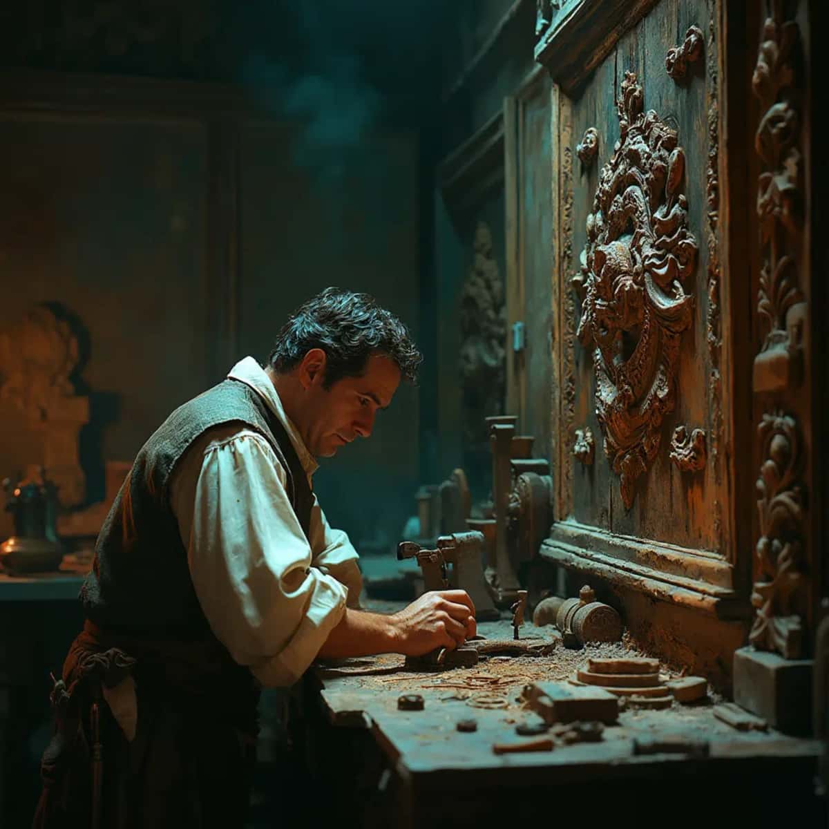 WOODCARVING LESSONS: Woodcarver Grabovetskiy, a man with a beard, holds a sign that says "What wood is the best for carving?" He looks thoughtful. Carving tools are on the table in front of him. - Wood Carving tutorials