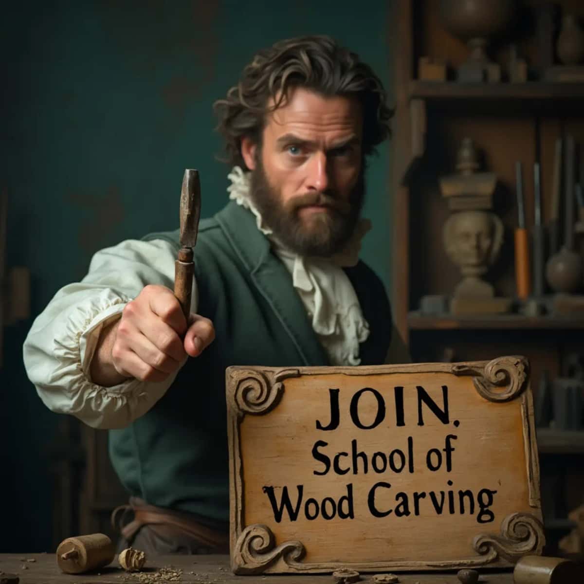 WOODCARVING LESSONS: Woodcarver Grabovetskiy, an elderly man with a gray beard, holds a carving tool and a sign that asks, "What is the best wood for carving? - Wood Carving tutorials