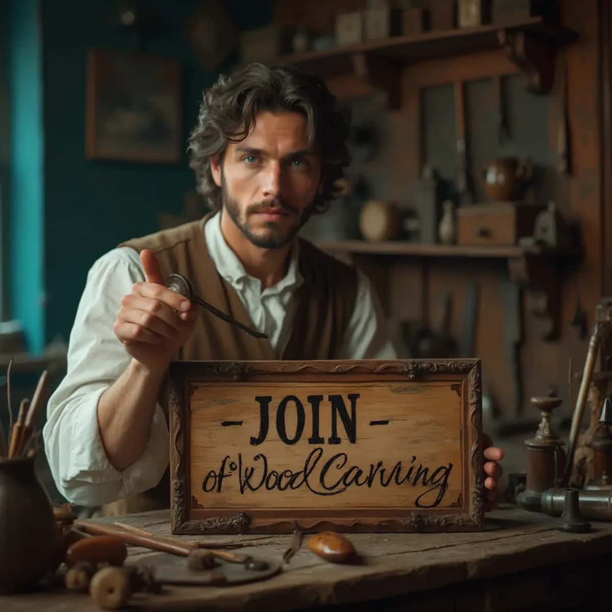 WOODCARVING LESSONS: Woodcarver Grabovetskiy, an elderly man with a gray beard, holds a carving tool and a sign that asks, "What is the best wood for carving? - Wood Carving tutorials