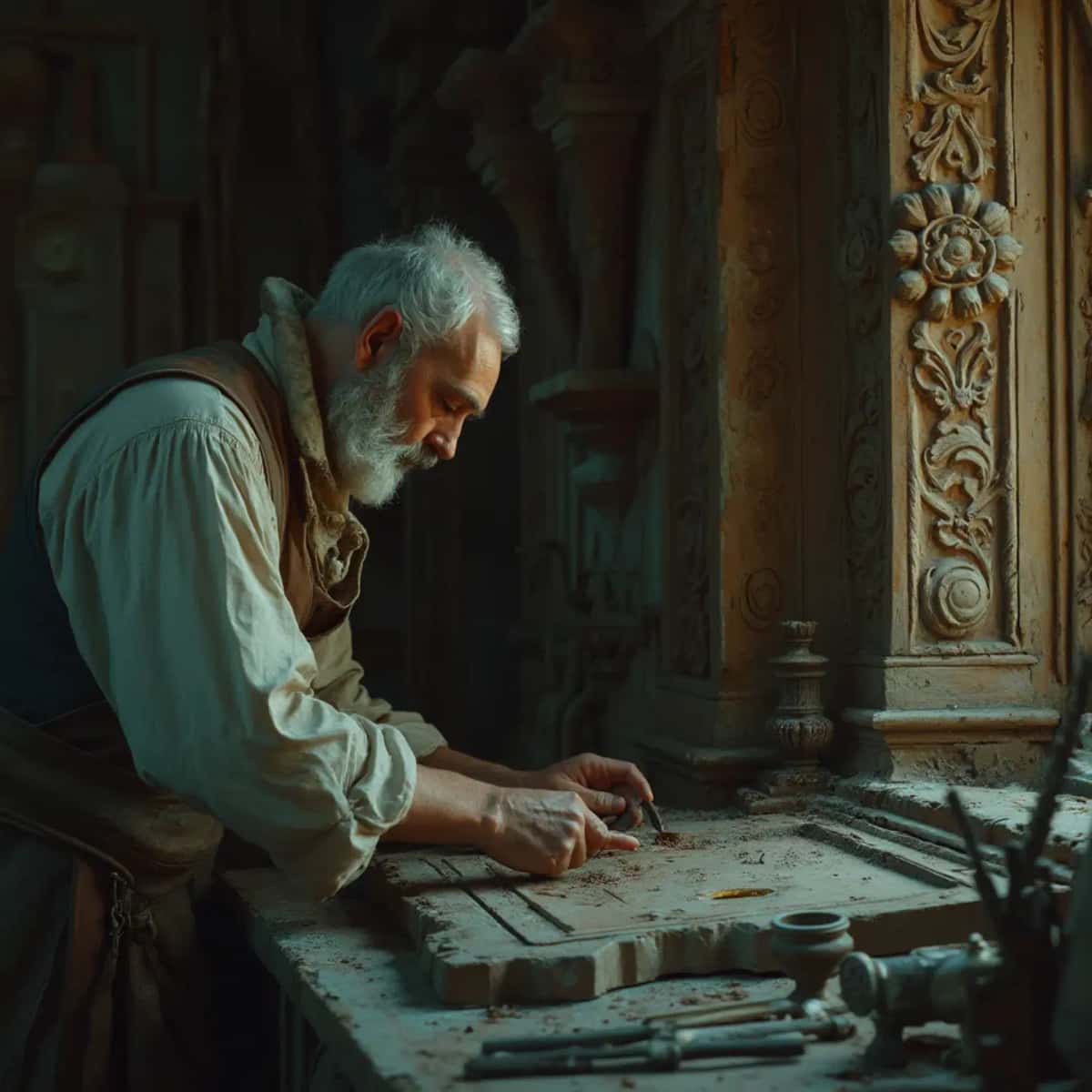WOODCARVING LESSONS: Woodcarver Grabovetskiy, a man with a beard, holds a sign that says "What wood is the best for carving?" He looks thoughtful. Carving tools are on the table in front of him. - Wood Carving tutorials