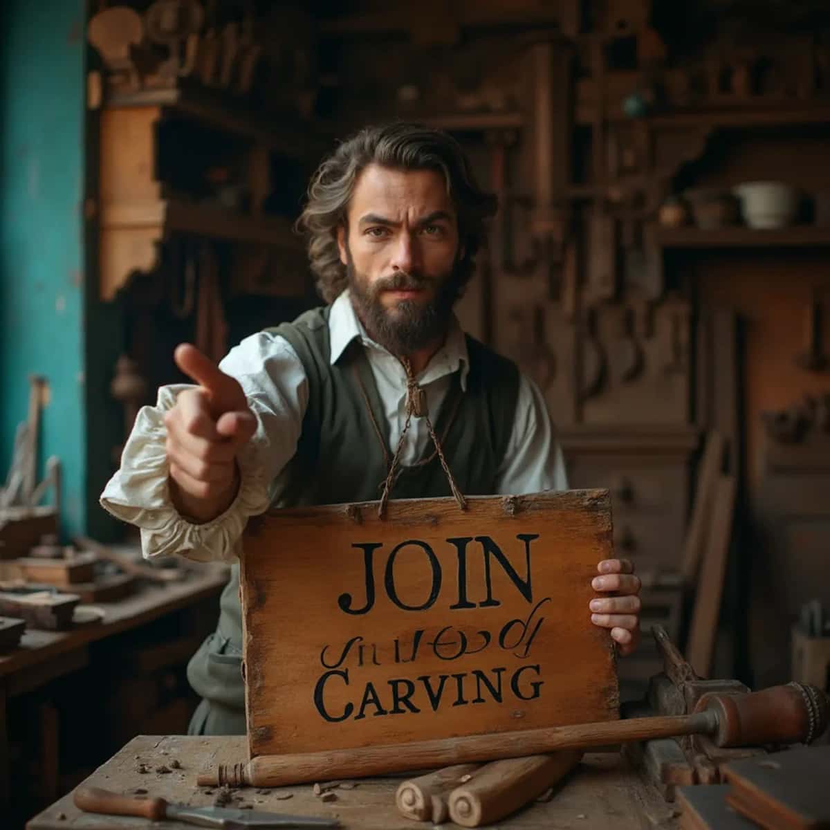 WOODCARVING LESSONS: Woodcarver Grabovetskiy, an elderly man with a gray beard, holds a carving tool and a sign that asks, "What is the best wood for carving? - Wood Carving tutorials