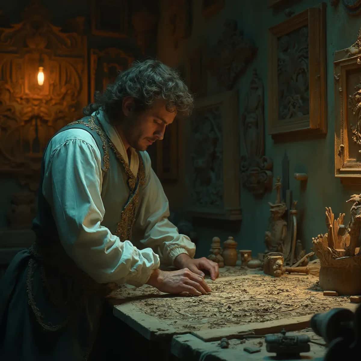 WOODCARVING LESSONS: Woodcarver Grabovetskiy, a man with a beard, holds a sign that says "What wood is the best for carving?" He looks thoughtful. Carving tools are on the table in front of him. - Wood Carving tutorials