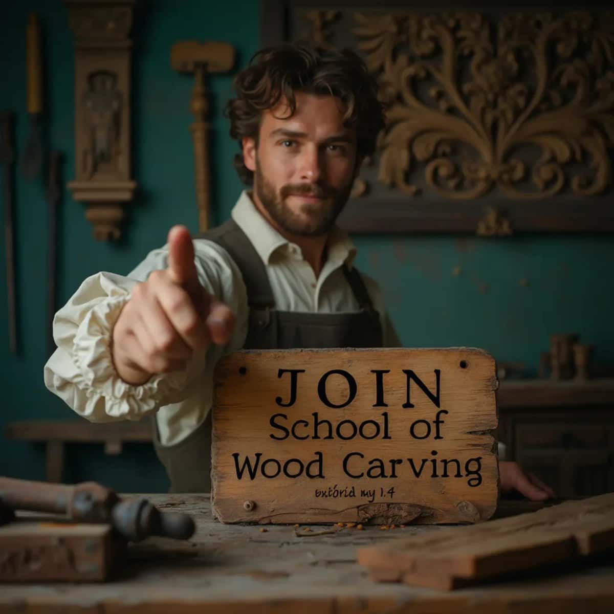 WOODCARVING LESSONS: Woodcarver Grabovetskiy, an elderly man with a gray beard, holds a carving tool and a sign that asks, "What is the best wood for carving? - Wood Carving tutorials
