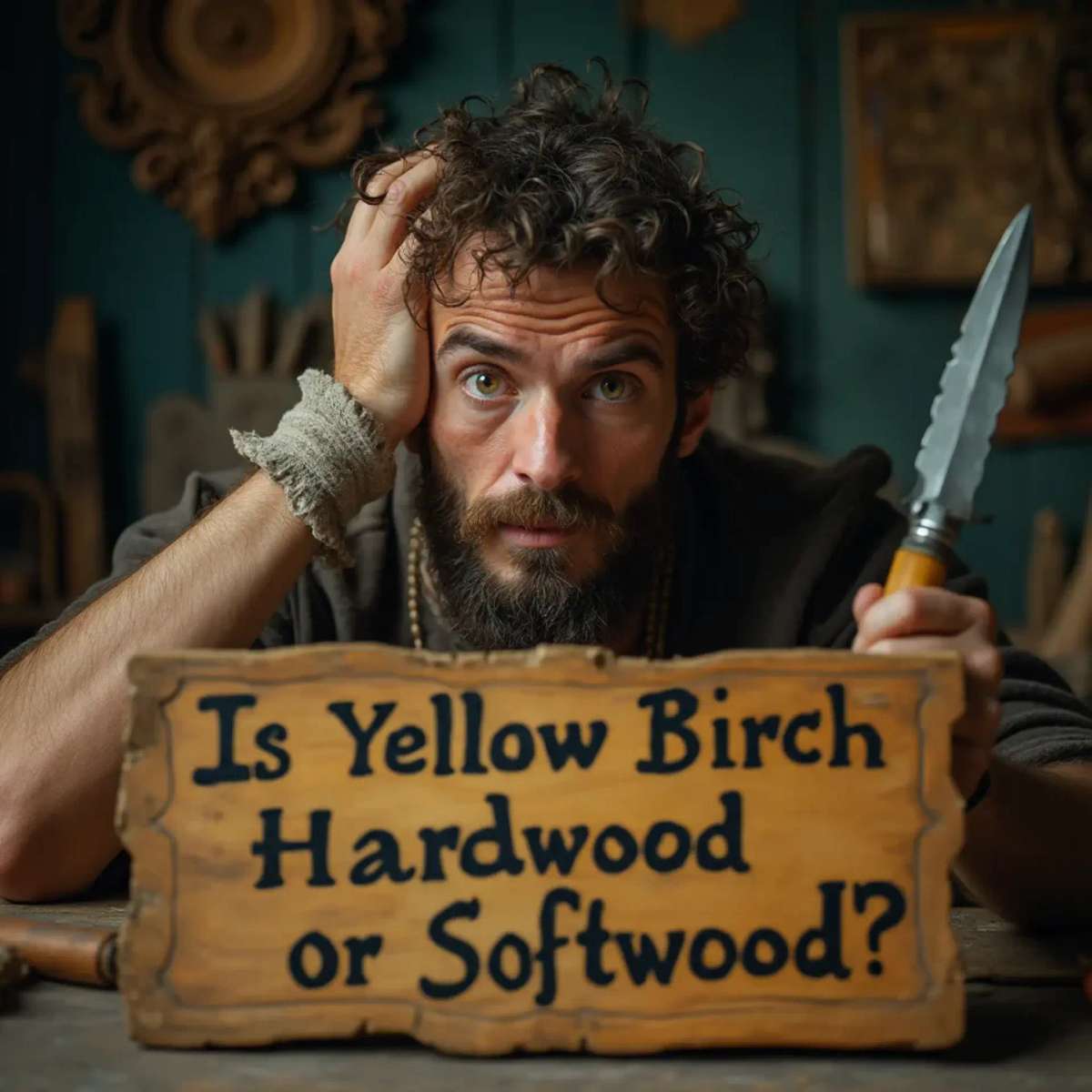 WOODCARVING LESSONS: Woodcarver Grabovetskiy, a man with a beard, holds a sign that says "What wood is the best for carving?" He looks thoughtful. Carving tools are on the table in front of him. - Wood Carving tutorials