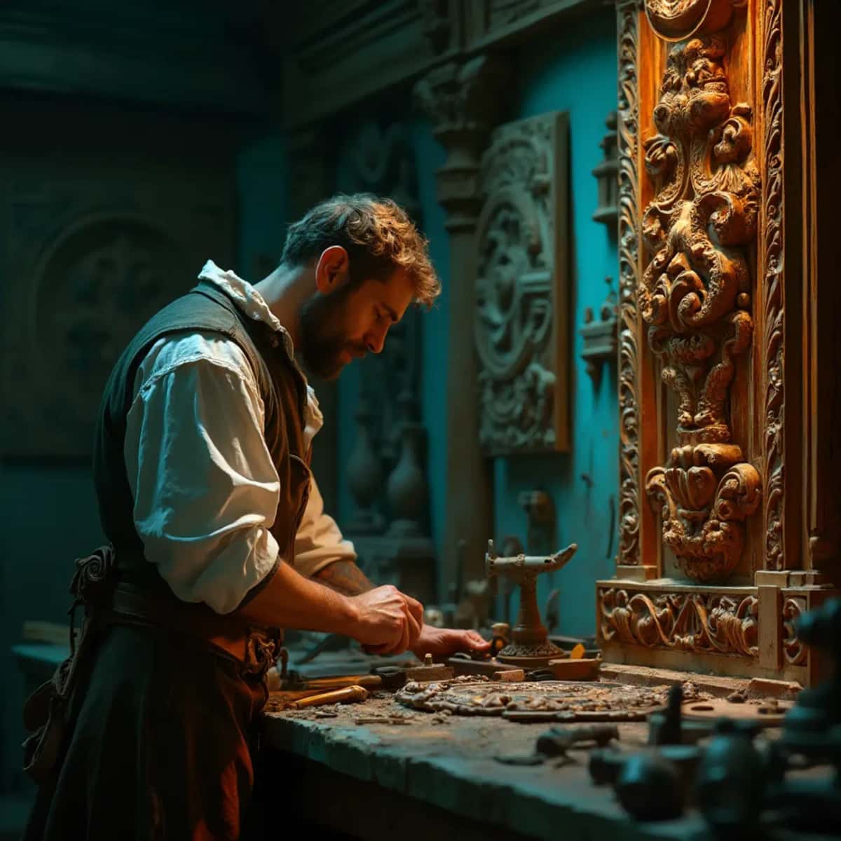 WOODCARVING LESSONS: Woodcarver Grabovetskiy, a man with a beard