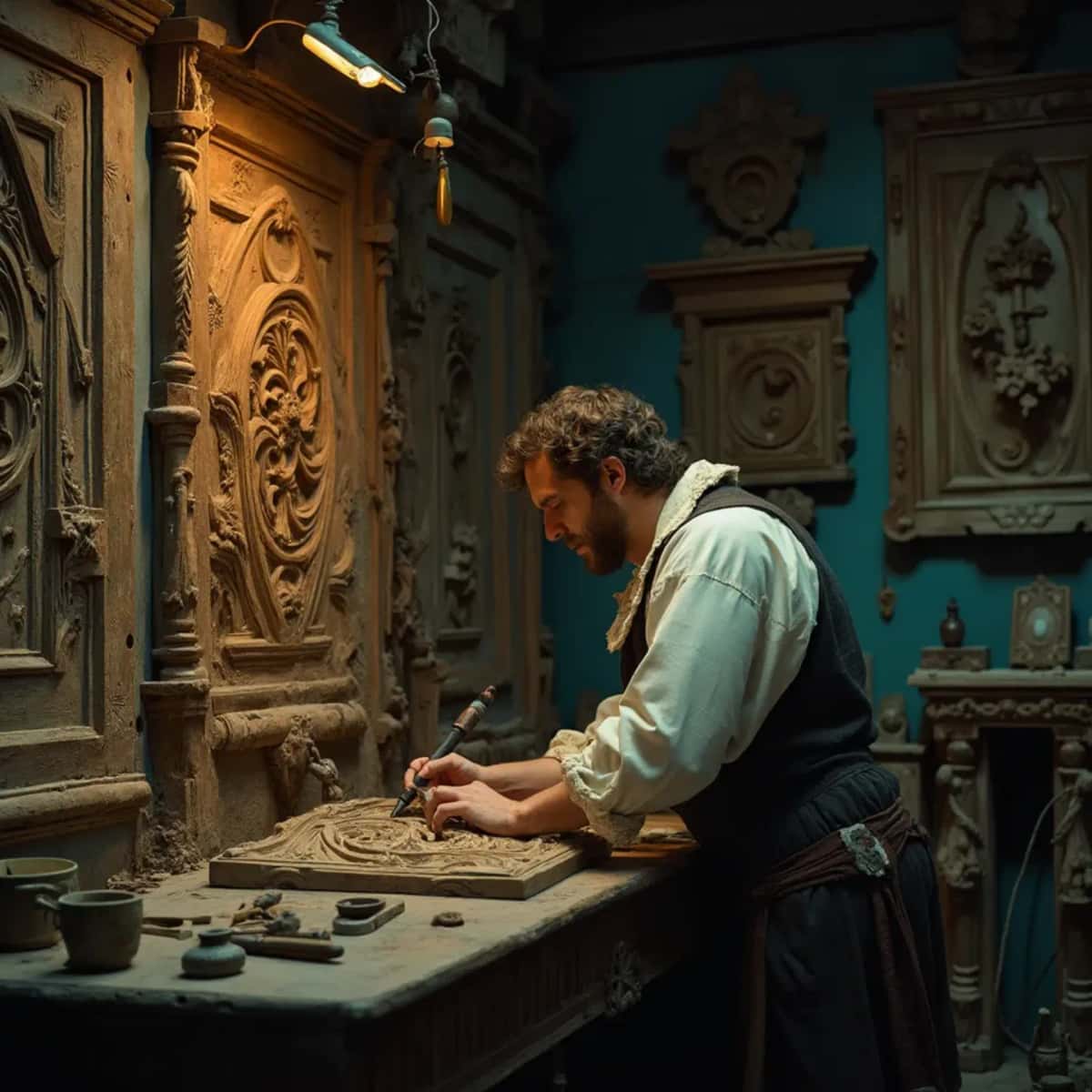 WOODCARVING LESSONS: Woodcarver Grabovetskiy, a man with a beard, holds a sign that says "What wood is the best for carving?" He looks thoughtful. Carving tools are on the table in front of him. - Wood Carving tutorials